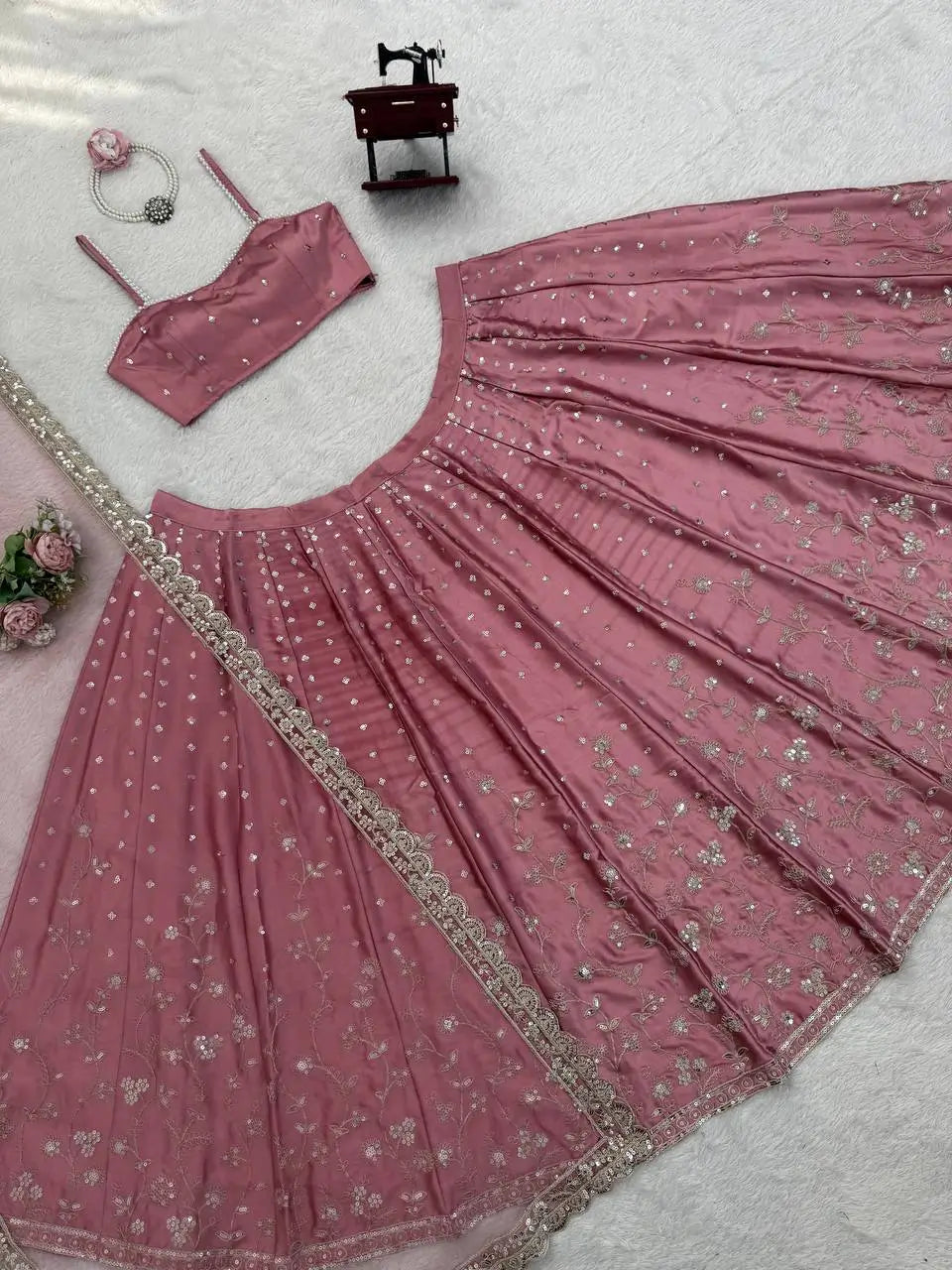 Blush Blossom Embroidered Satin Lehenga Set for Wedding and Festive Wear