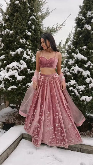 Blush Blossom Embroidered Satin Lehenga Set for Wedding and Festive Wear