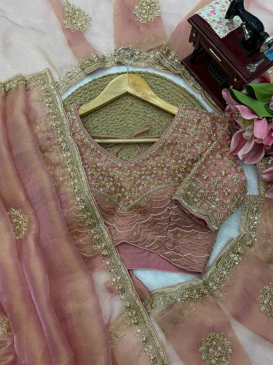 Blush Pearl Bead Work Silk Saree