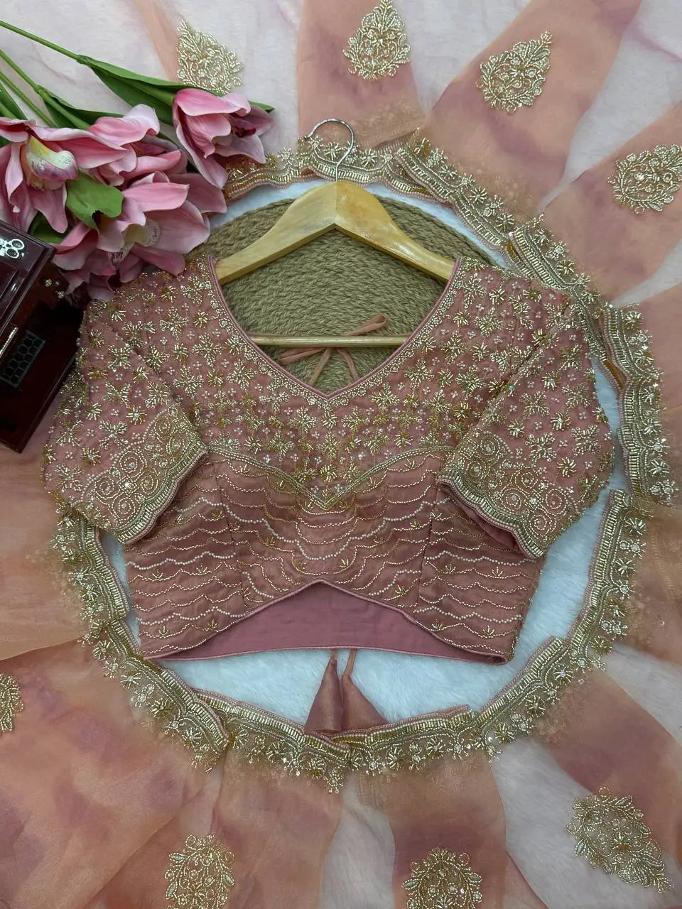 Blush Pearl Bead Work Silk Saree