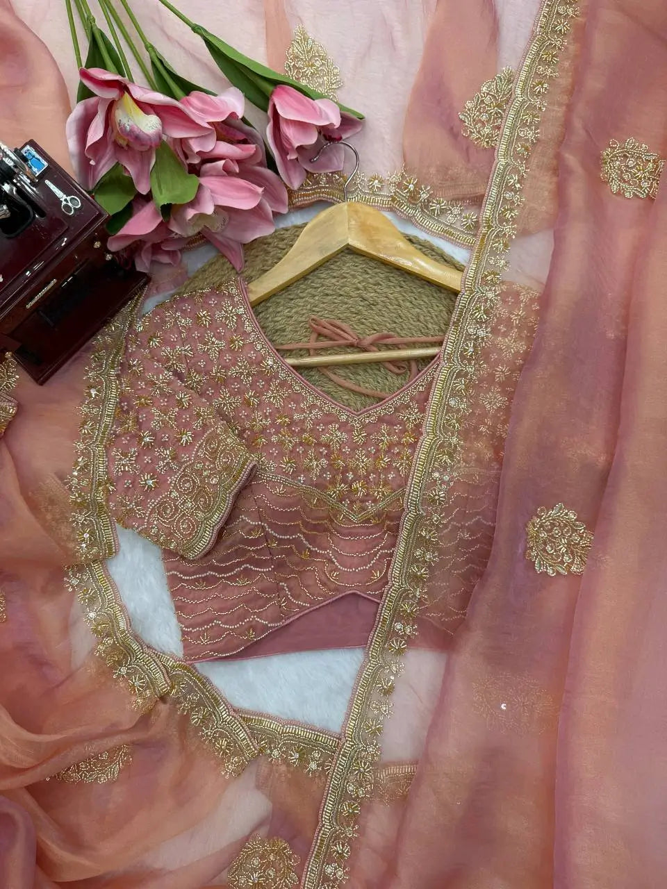 Blush Pearl Bead Work Silk Saree