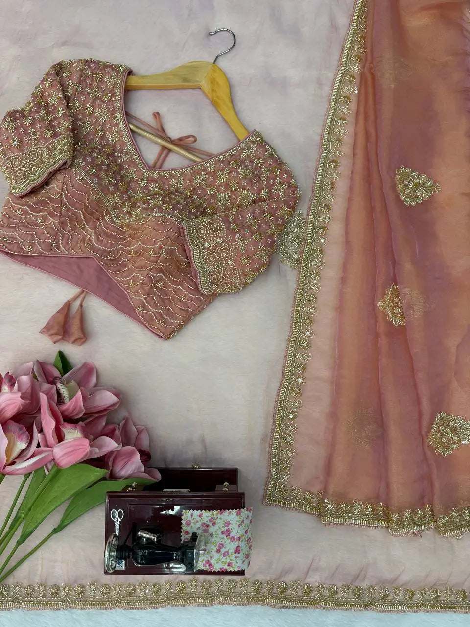 Blush Pearl Bead Work Silk Saree