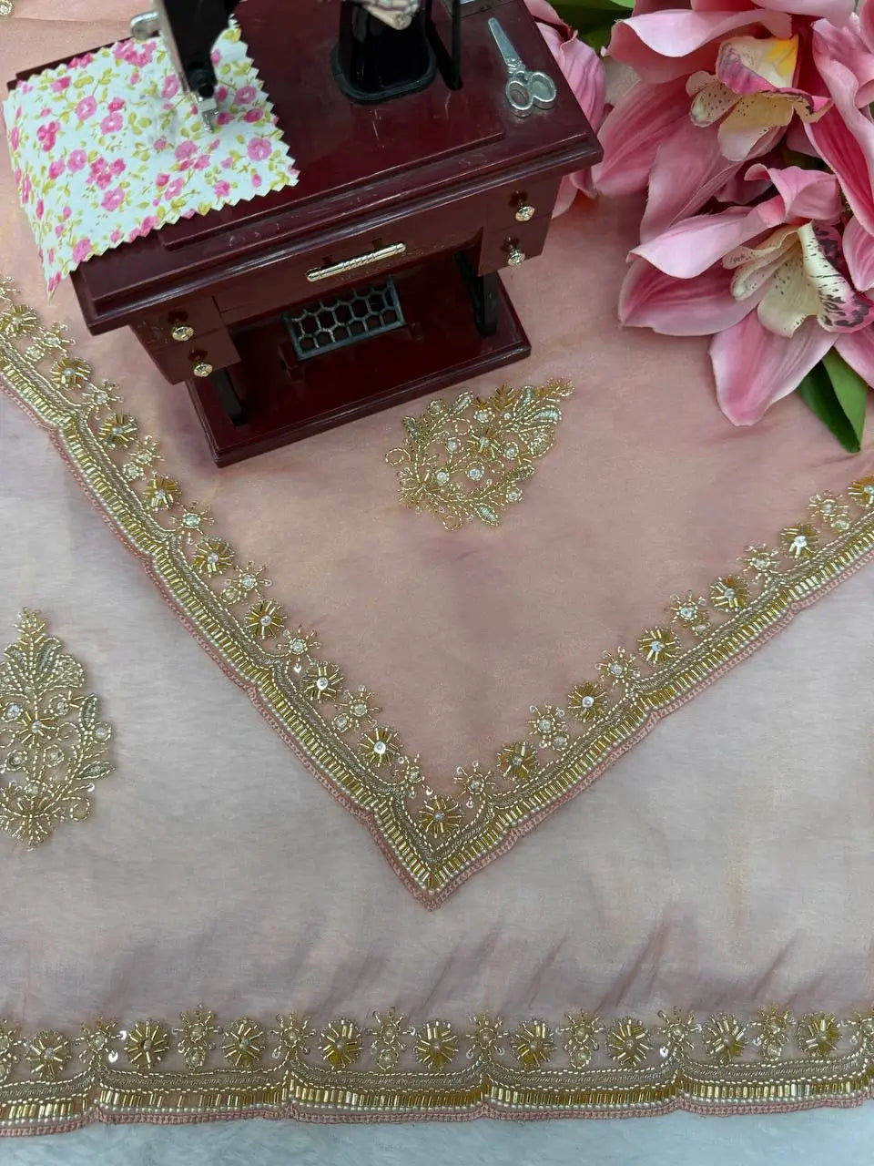 Blush Pearl Bead Work Silk Saree