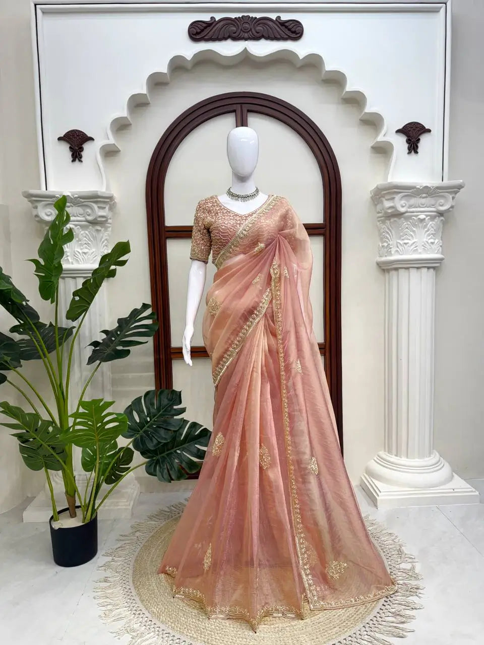 Blush Pearl Bead Work Silk Saree