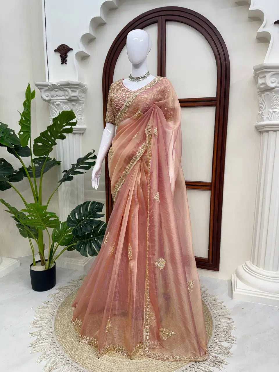 Blush Pearl Bead Work Silk Saree