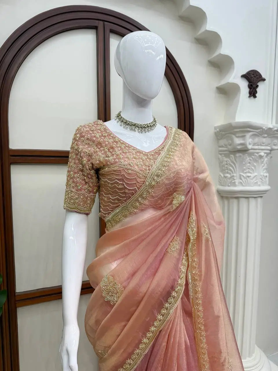 Blush Pearl Bead Work Silk Saree