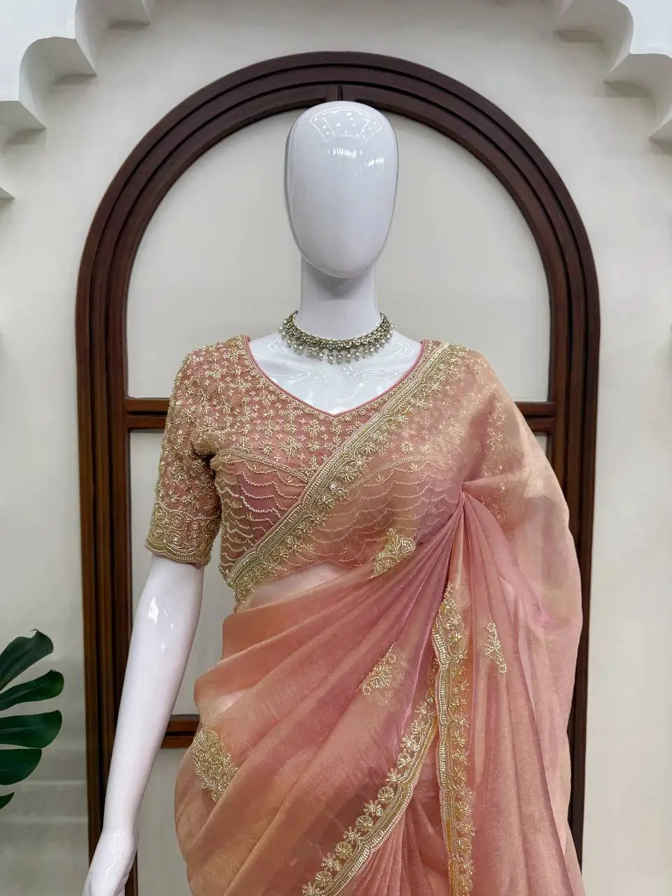 Blush Pearl Bead Work Silk Saree
