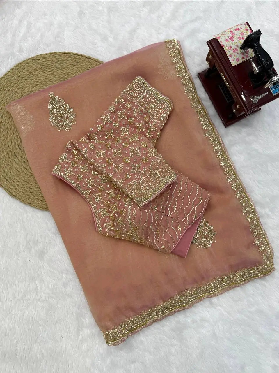 Blush Pearl Bead Work Silk Saree