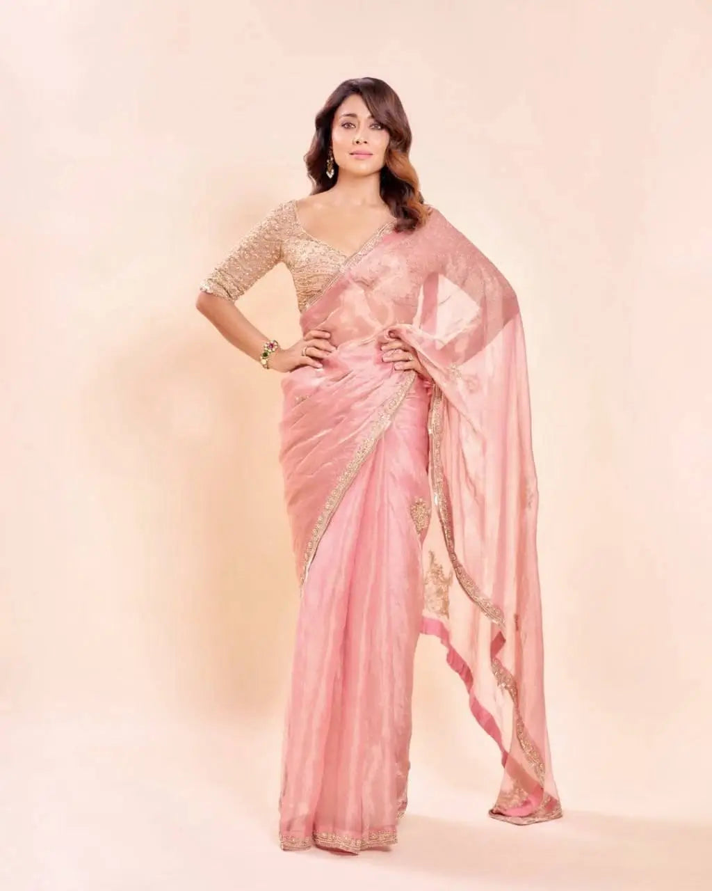 Blush Pearl Bead Work Silk Saree