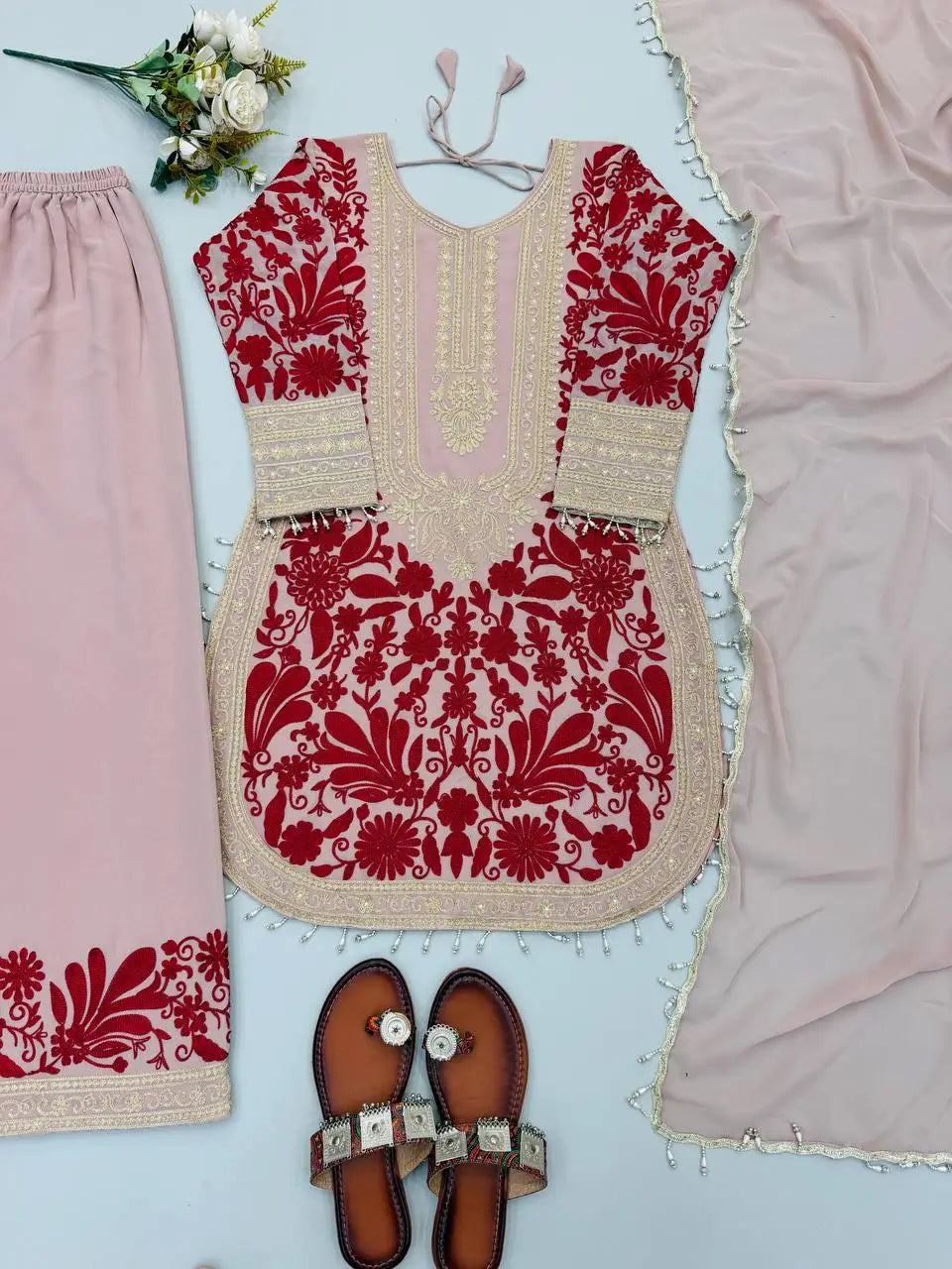 Blush Pink Chain Stitch Kurta Palazzo Set