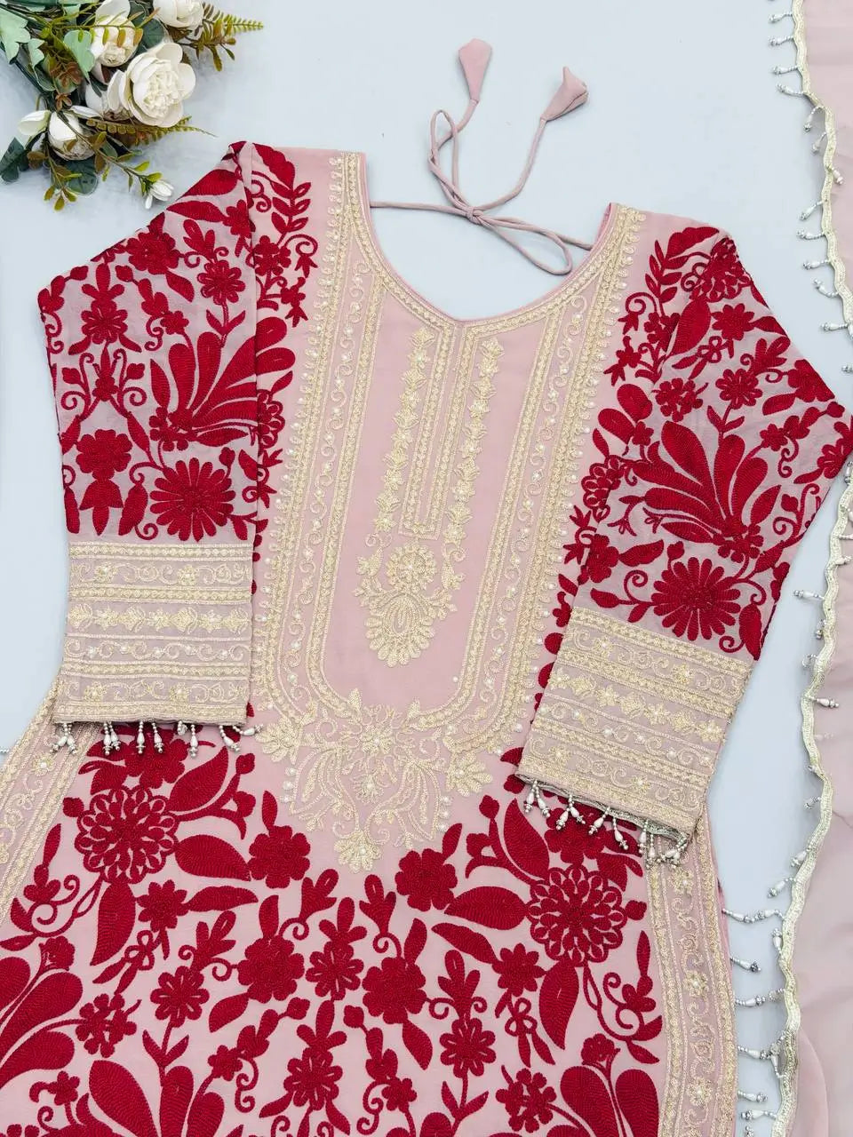 Blush Pink Chain Stitch Kurta Palazzo Set