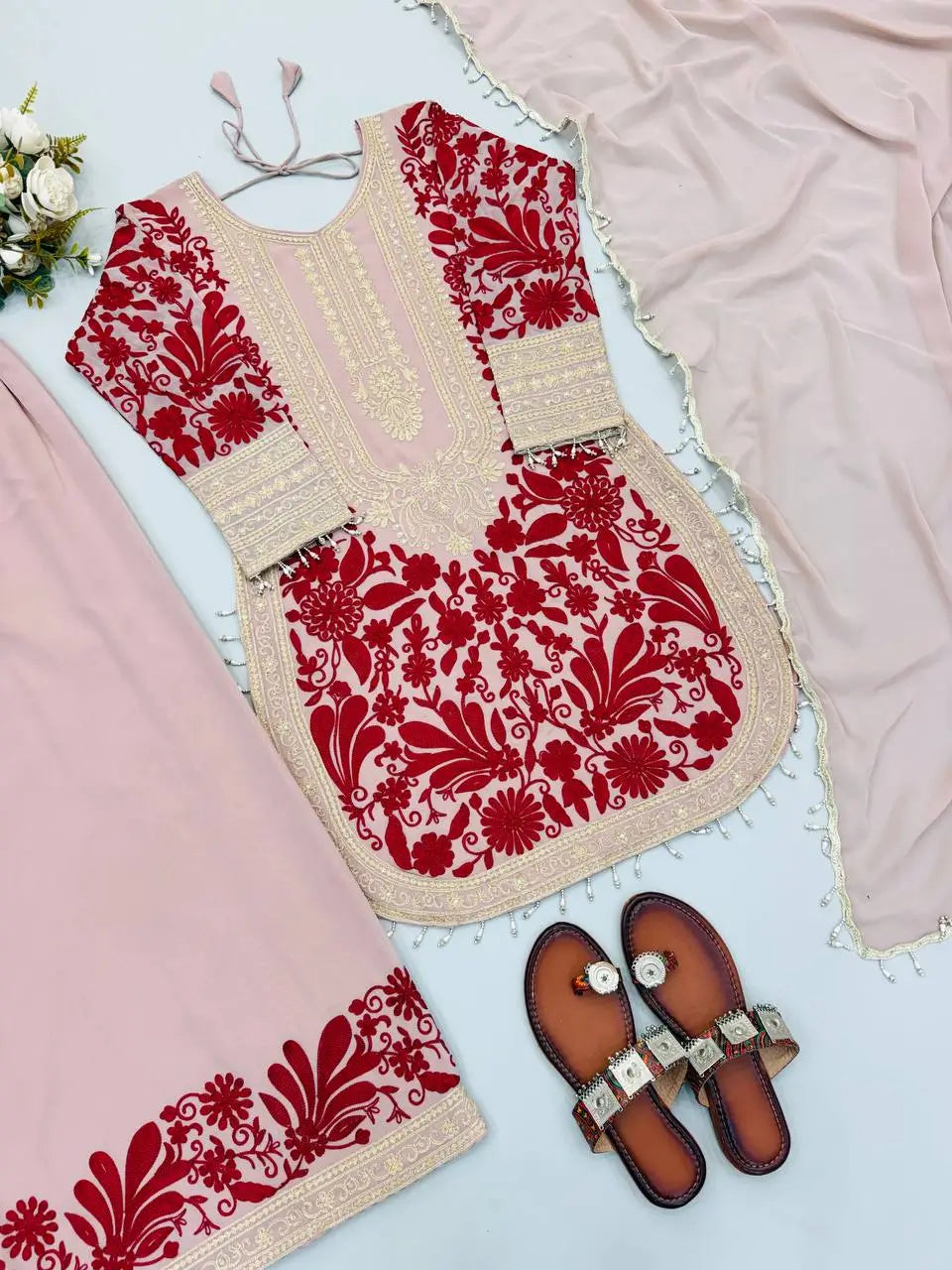 Blush Pink Chain Stitch Kurta Palazzo Set