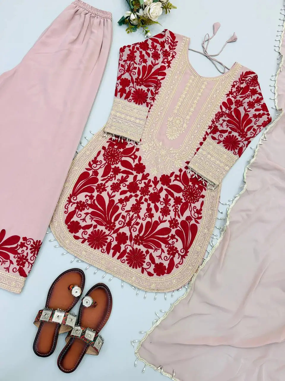 Blush Pink Chain Stitch Kurta Palazzo Set