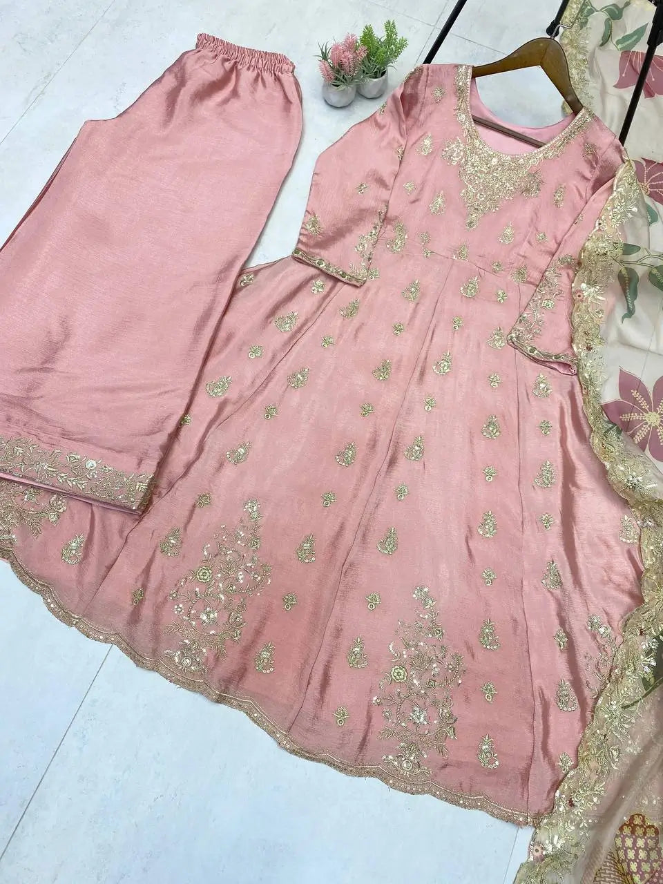Blush Pink Chinon Embroidered Gown Set with Palazzo & Organza Dupatta