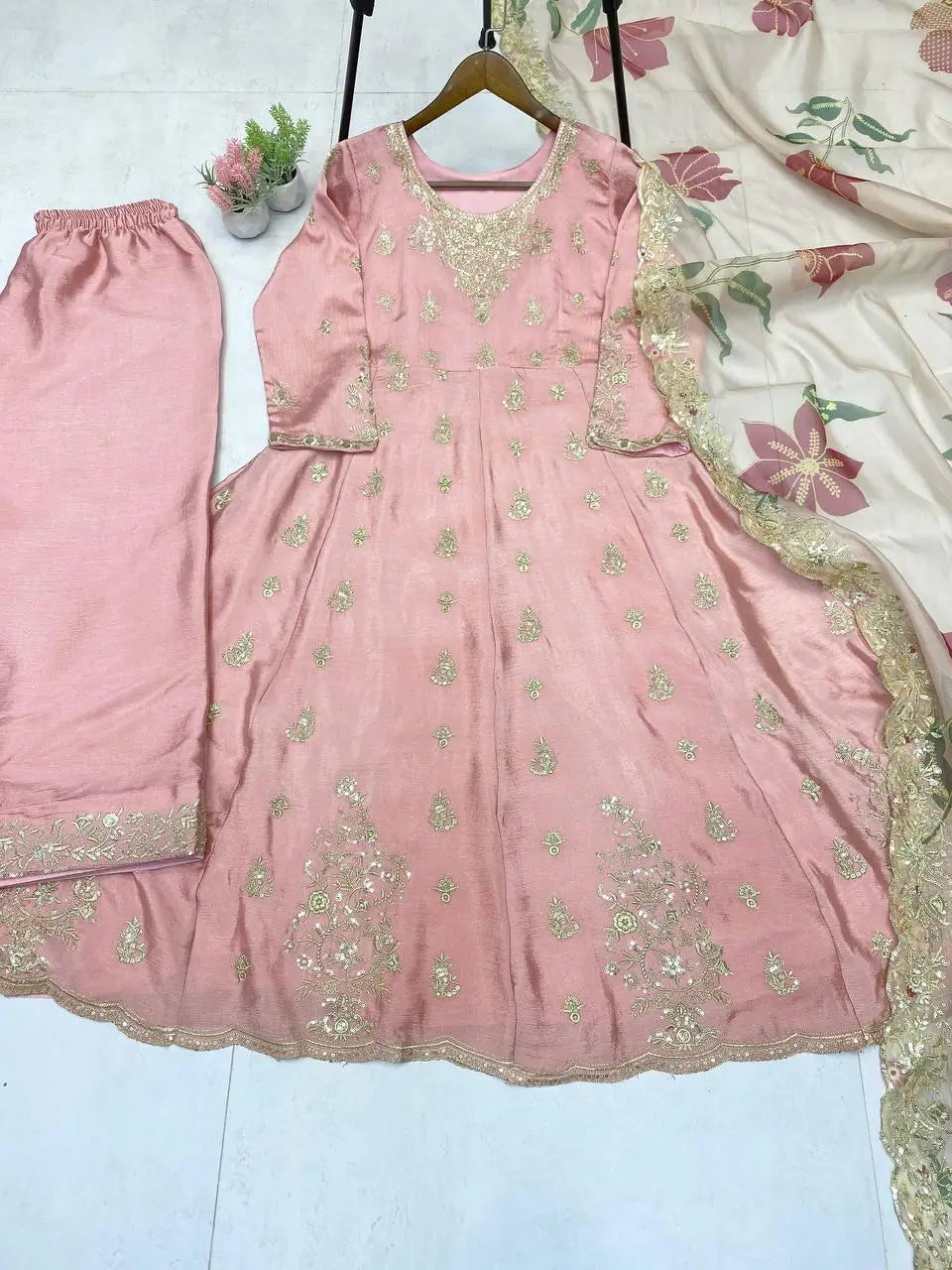 Blush Pink Chinon Embroidered Gown Set with Palazzo & Organza Dupatta