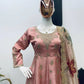Blush Pink Chinon Embroidered Gown Set with Palazzo & Organza Dupatta