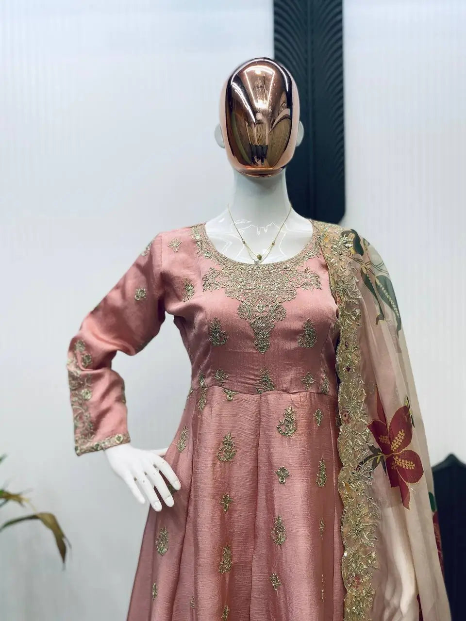 Blush Pink Chinon Embroidered Gown Set with Palazzo & Organza Dupatta