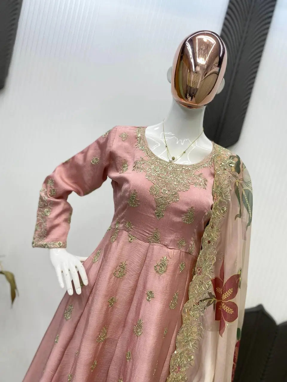 Blush Pink Chinon Embroidered Gown Set with Palazzo & Organza Dupatta