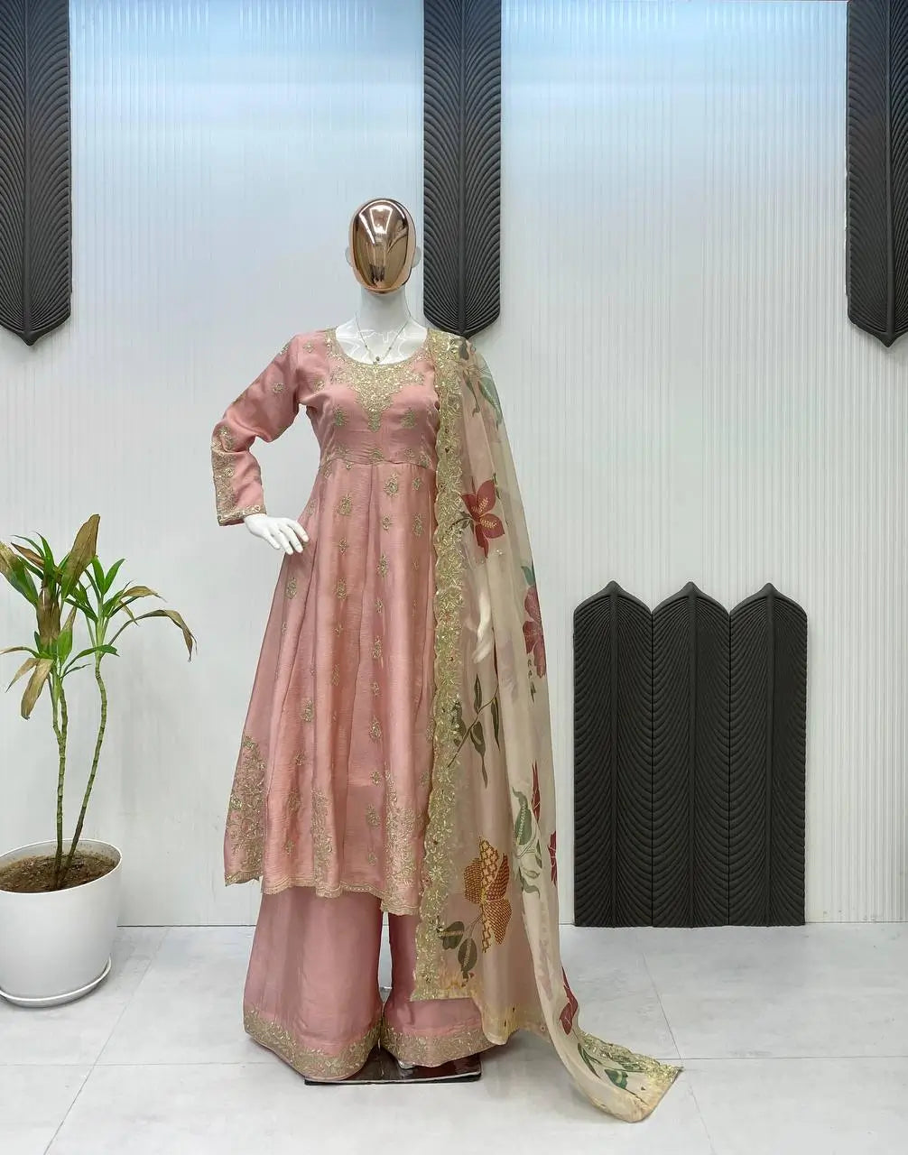 Blush Pink Chinon Embroidered Gown Set with Palazzo & Organza Dupatta