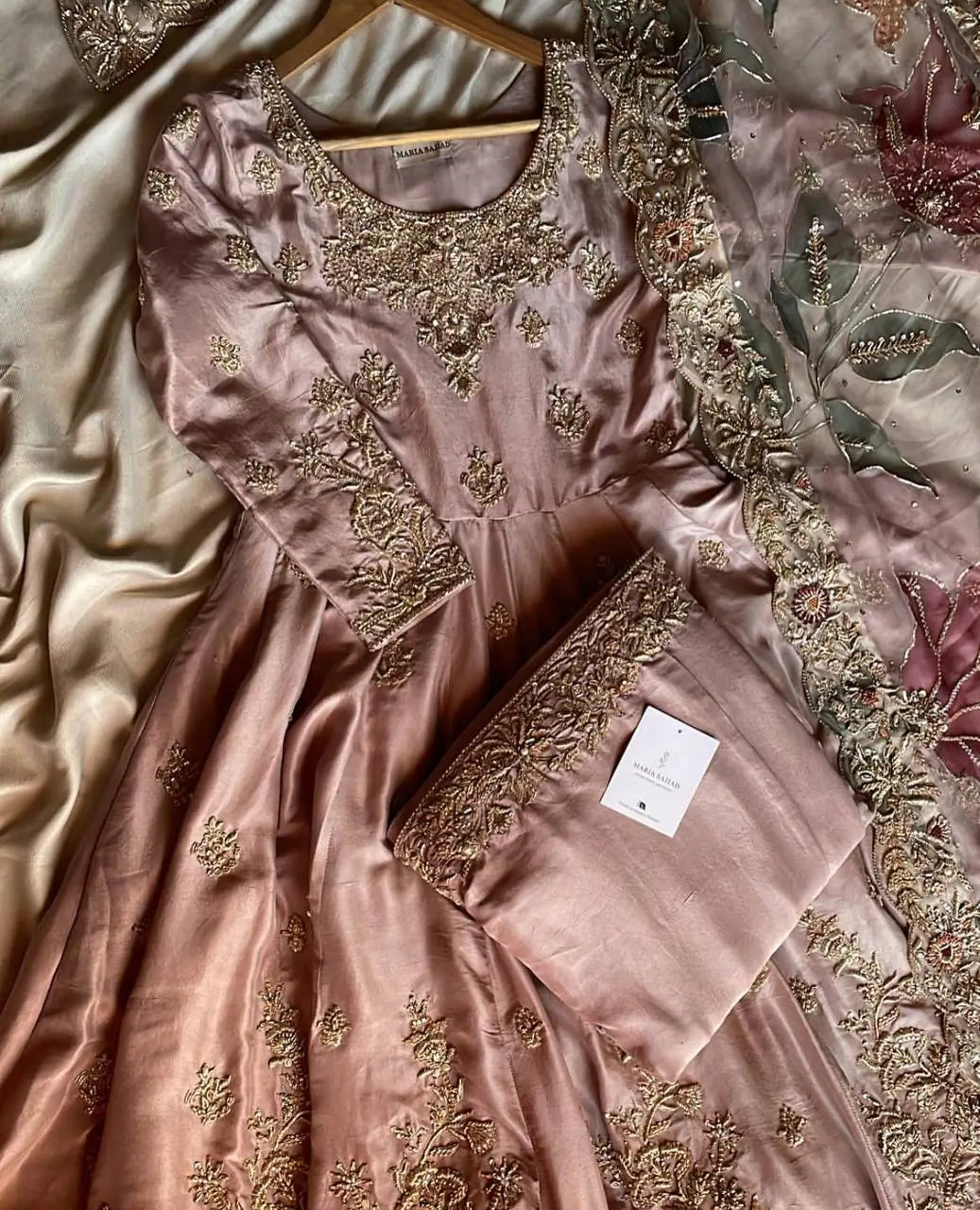 Blush Pink Chinon Embroidered Gown Set with Palazzo & Organza Dupatta