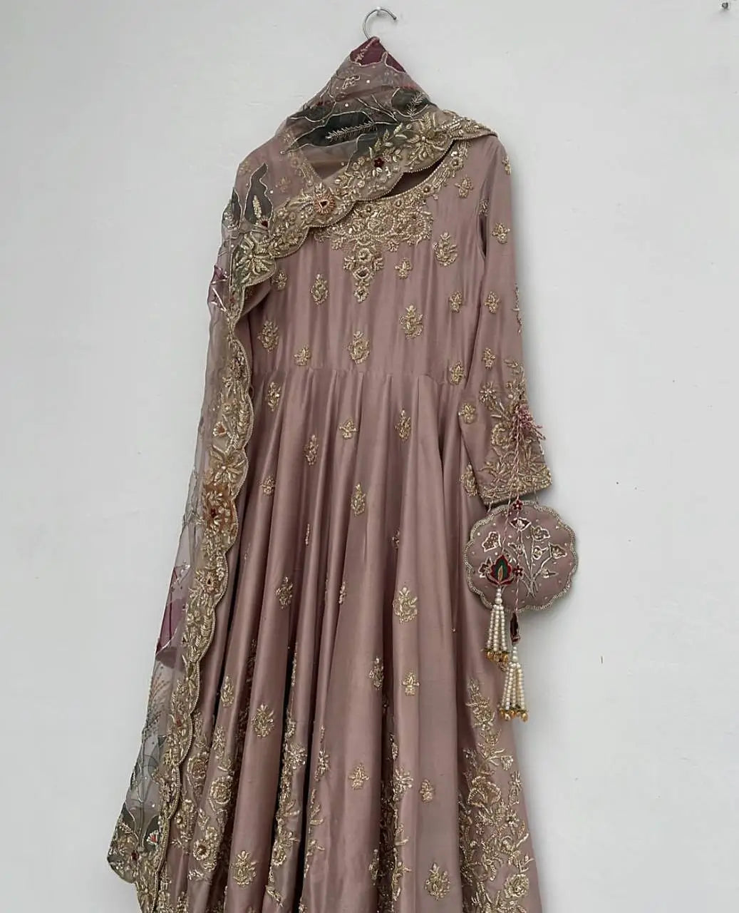 Blush Pink Chinon Embroidered Gown Set with Palazzo & Organza Dupatta