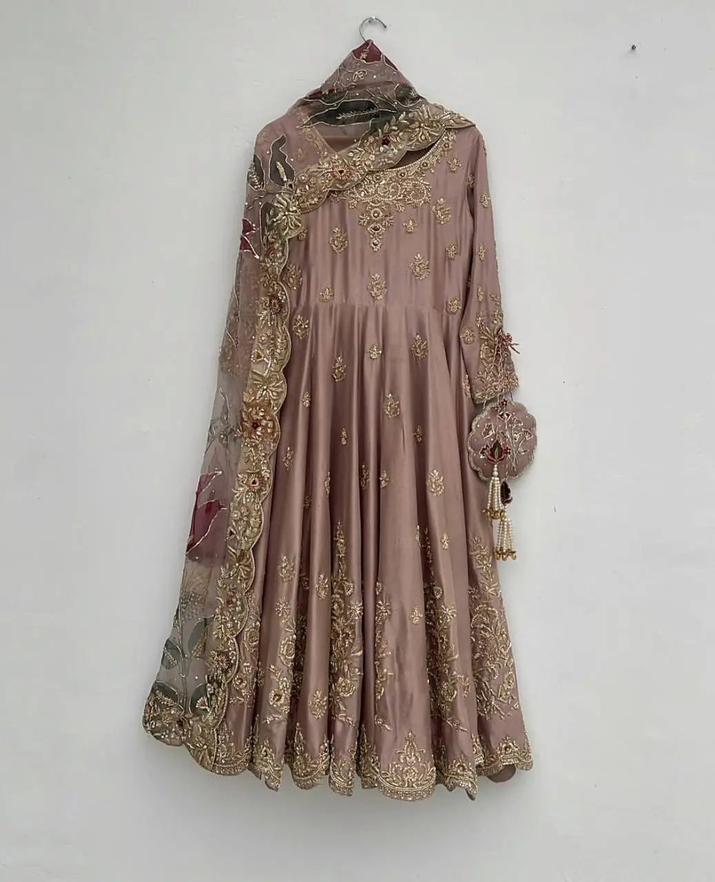 Blush Pink Chinon Embroidered Gown Set with Palazzo & Organza Dupatta