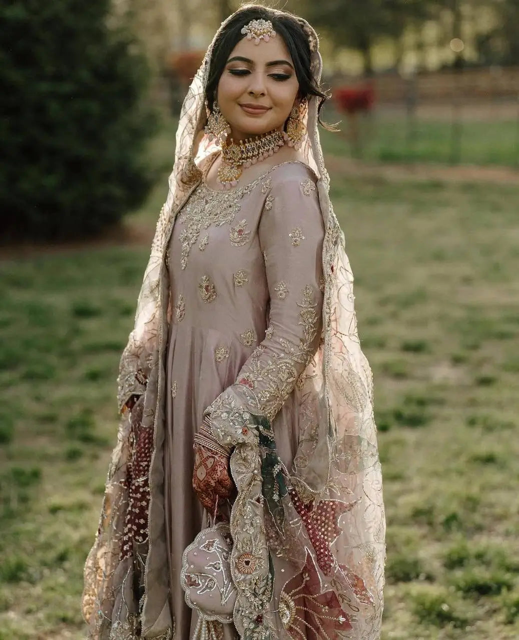 Blush Pink Chinon Embroidered Gown Set with Palazzo & Organza Dupatta
