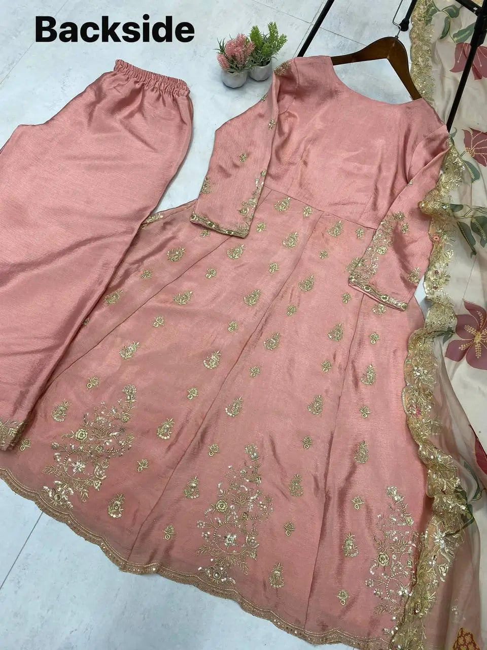 Blush Pink Chinon Embroidered Gown Set with Palazzo & Organza Dupatta
