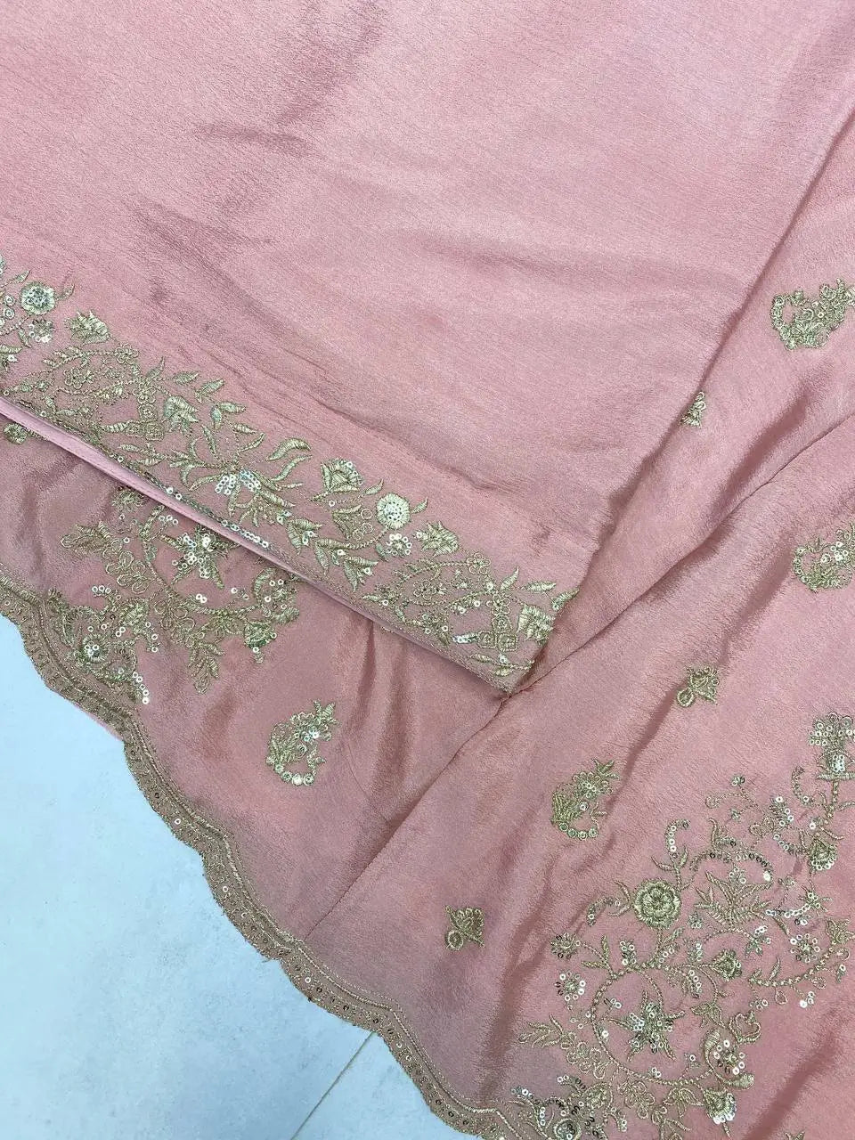 Blush Pink Chinon Embroidered Gown Set with Palazzo & Organza Dupatta