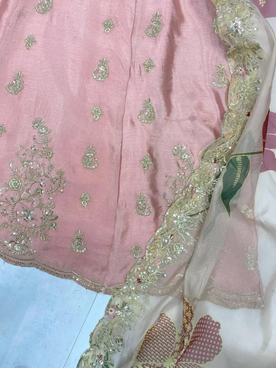 Blush Pink Chinon Embroidered Gown Set with Palazzo & Organza Dupatta