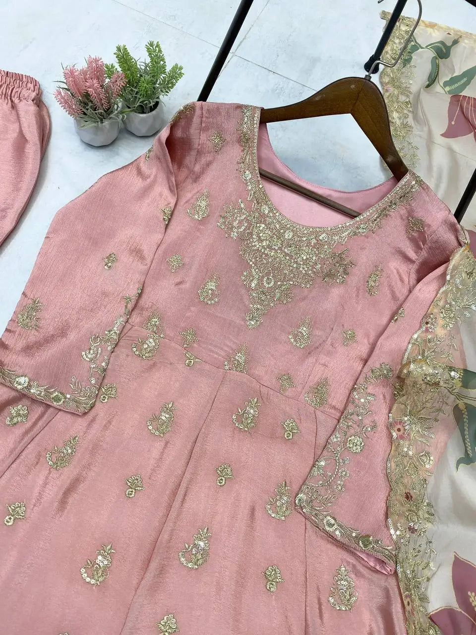 Blush Pink Chinon Embroidered Gown Set with Palazzo & Organza Dupatta