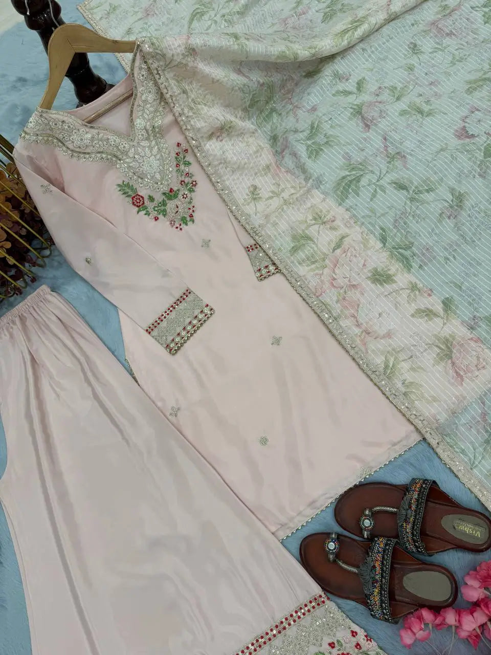 Blush Pink Embroidered Crepe Suit with Plazzo & Floral Digital Print Chinon Silk Dupatta
