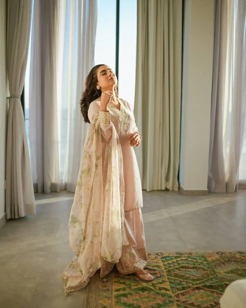 Blush Pink Embroidered Crepe Suit with Plazzo & Floral Digital Print Chinon Silk Dupatta