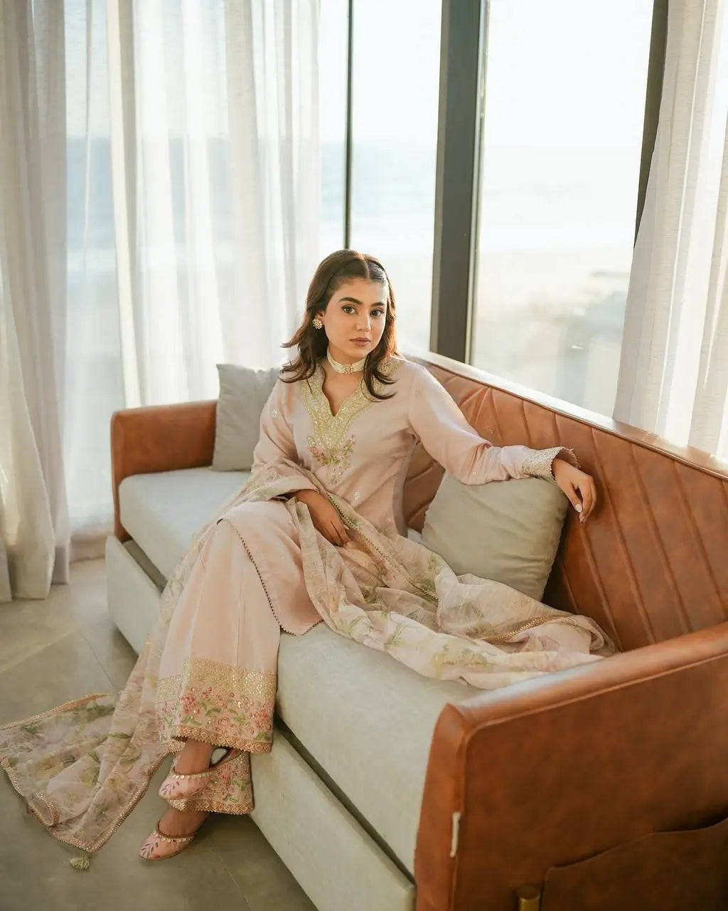 Blush Pink Embroidered Crepe Suit with Plazzo & Floral Digital Print Chinon Silk Dupatta