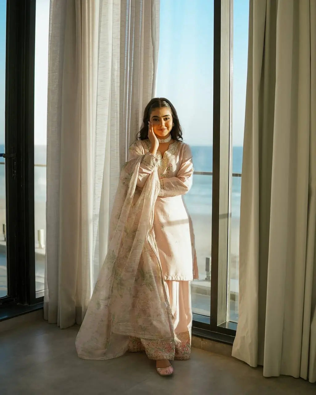 Blush Pink Embroidered Crepe Suit with Plazzo & Floral Digital Print Chinon Silk Dupatta