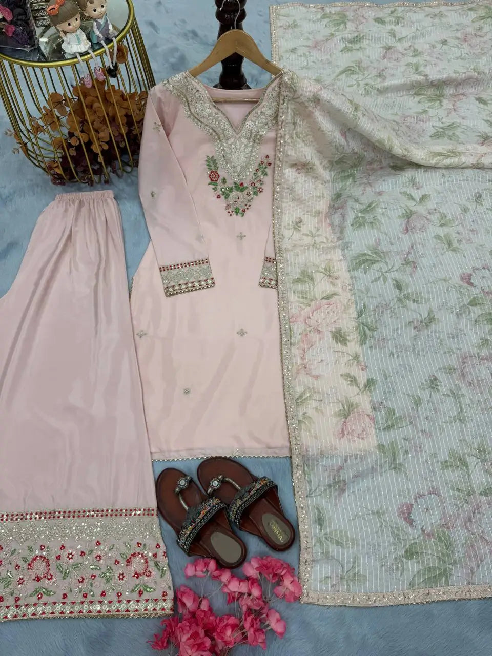 Blush Pink Embroidered Crepe Suit with Plazzo & Floral Digital Print Chinon Silk Dupatta