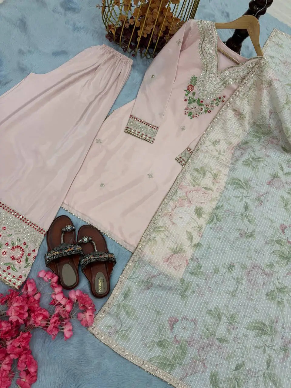 Blush Pink Embroidered Crepe Suit with Plazzo & Floral Digital Print Chinon Silk Dupatta