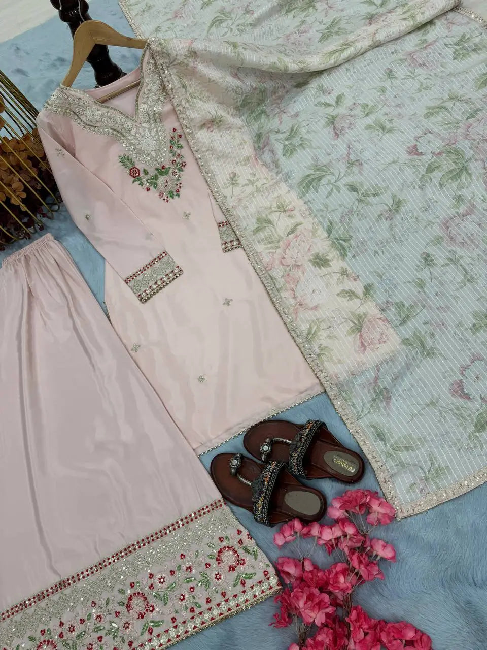 Blush Pink Embroidered Crepe Suit with Plazzo & Floral Digital Print Chinon Silk Dupatta