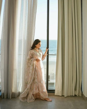 Blush Pink Embroidered Crepe Suit with Plazzo & Floral Digital Print Chinon Silk Dupatta