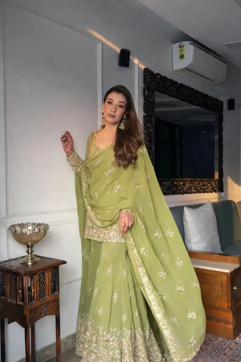 Blush Pink Faux Georgette Embroidered Sharara Set with Dupatta