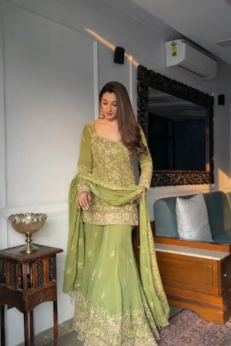 Blush Pink Faux Georgette Embroidered Sharara Set with Dupatta