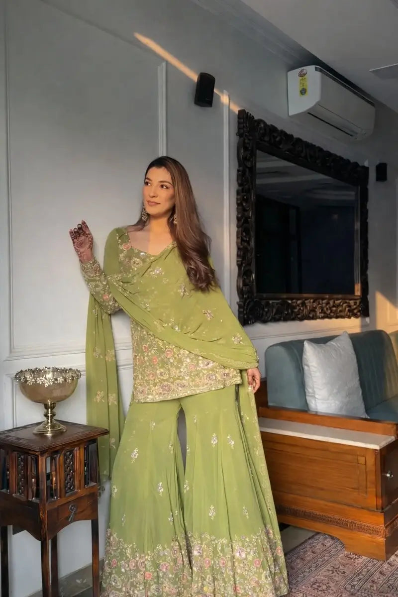 Blush Pink Faux Georgette Embroidered Sharara Set with Dupatta