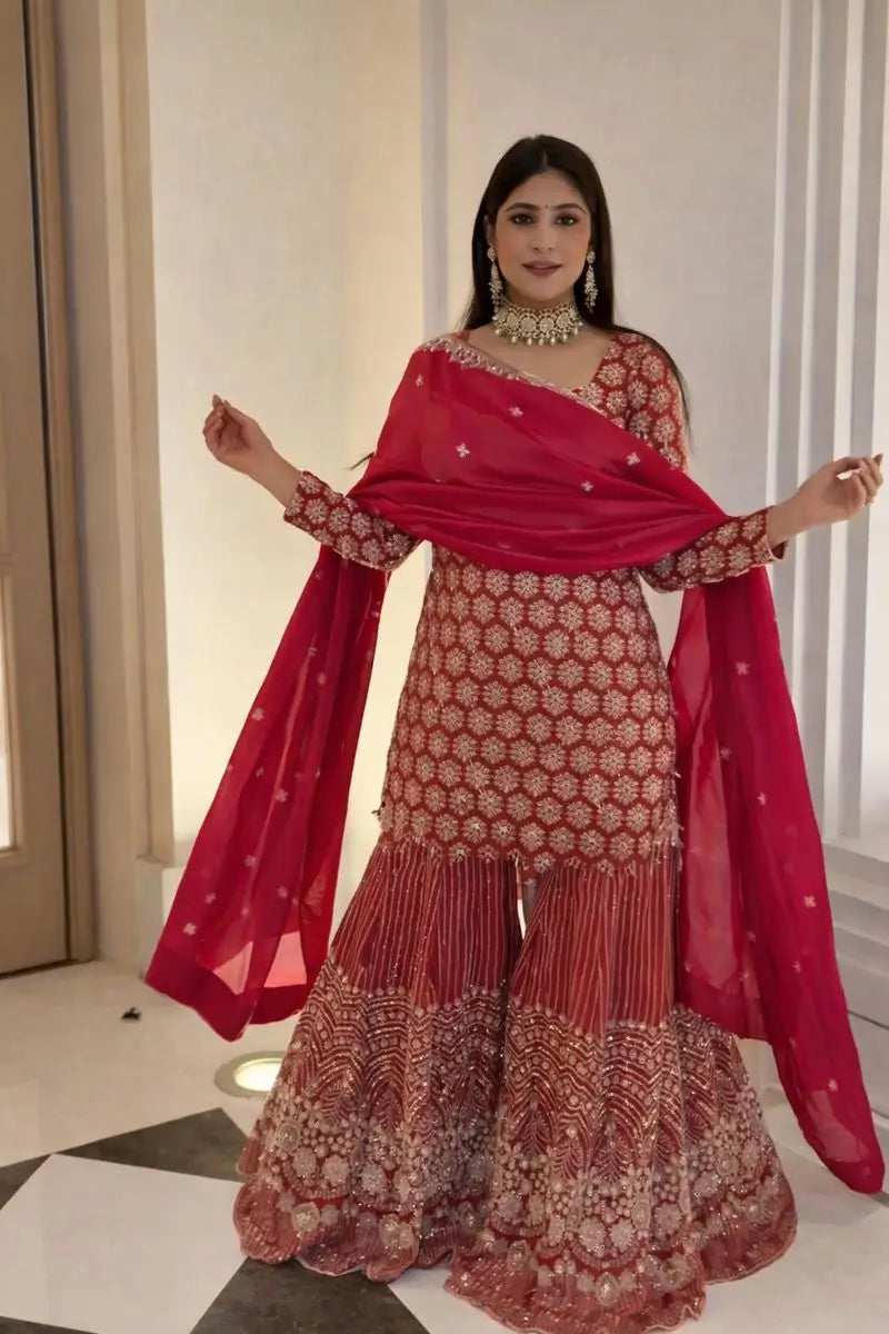 Blush Pink Faux Georgette Embroidered Sharara Set with Dupatta