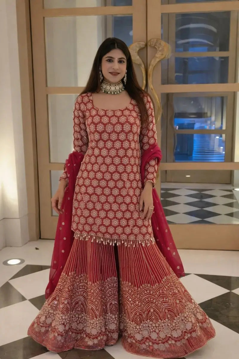 Blush Pink Faux Georgette Embroidered Sharara Set with Dupatta