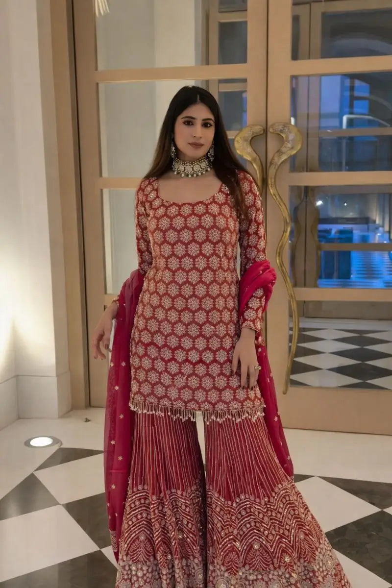 Blush Pink Faux Georgette Embroidered Sharara Set with Dupatta