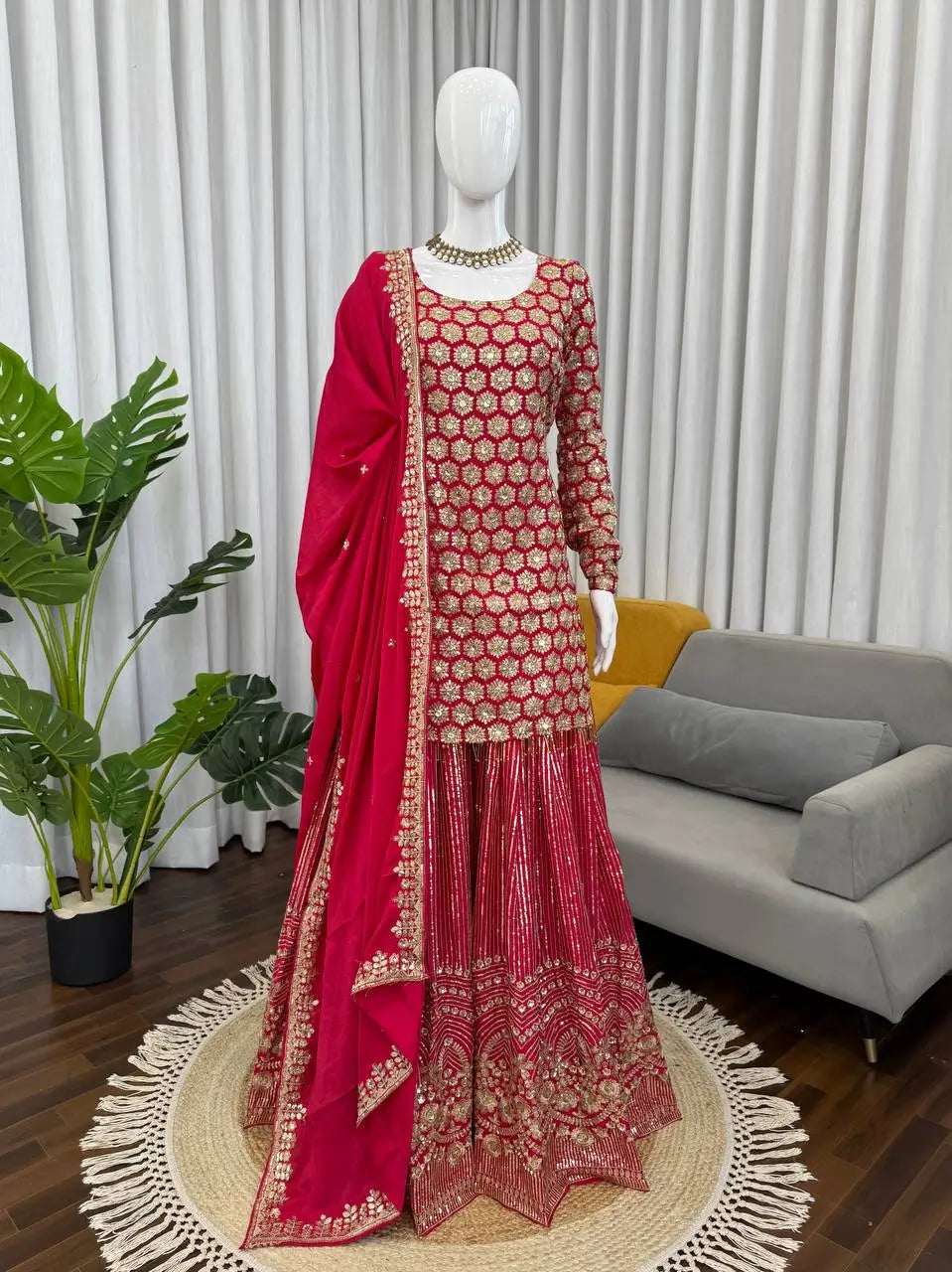Blush Pink Faux Georgette Embroidered Sharara Set with Dupatta