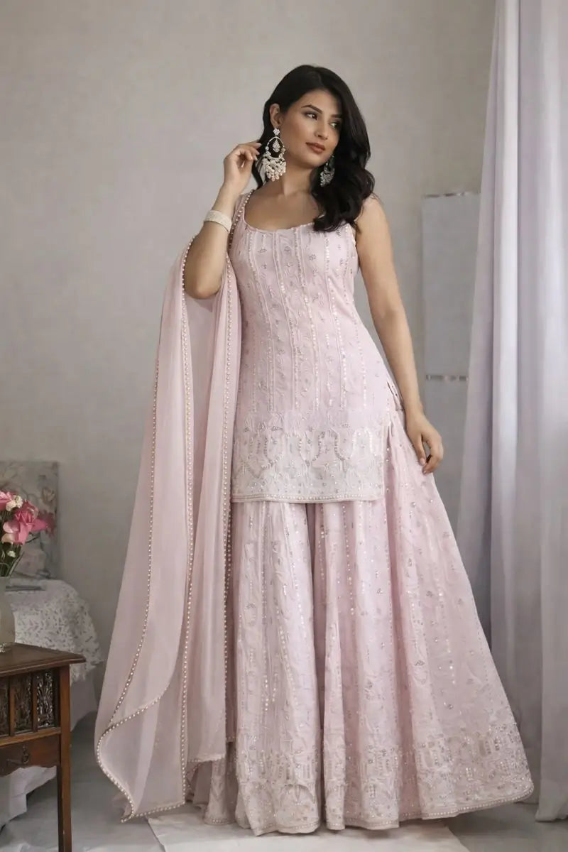 Blush Pink Faux Georgette Embroidered Sharara Set with Dupatta