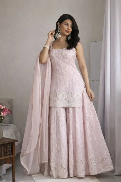 Blush Pink Faux Georgette Embroidered Sharara Set with Dupatta