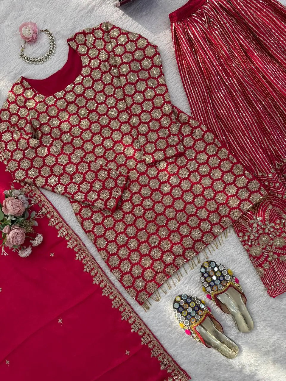 Blush Pink Faux Georgette Embroidered Sharara Set with Dupatta