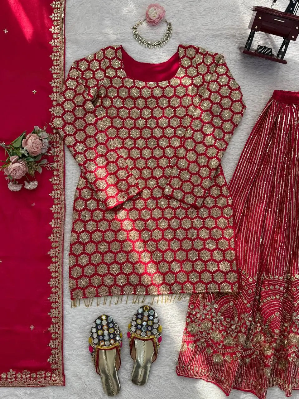 Blush Pink Faux Georgette Embroidered Sharara Set with Dupatta